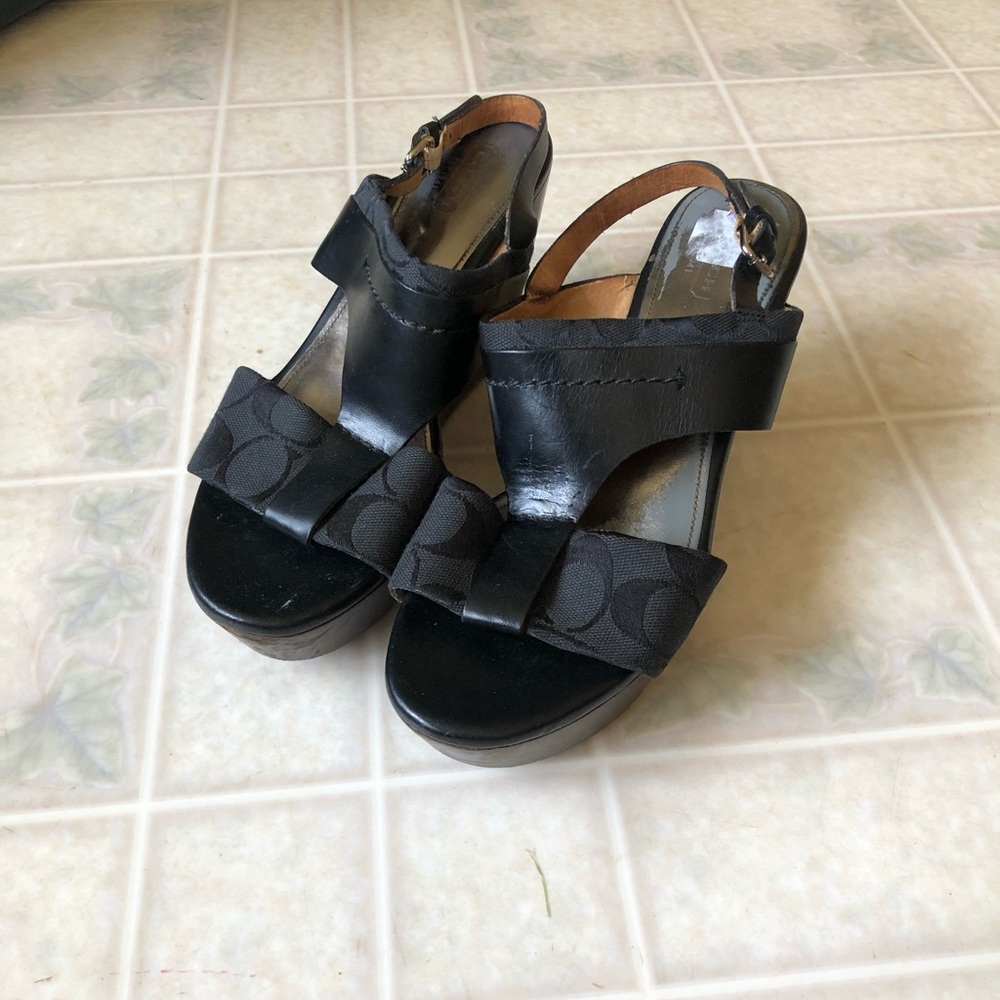 Coach black Leather Wood Sole Wedges Campbell 8.5 B
